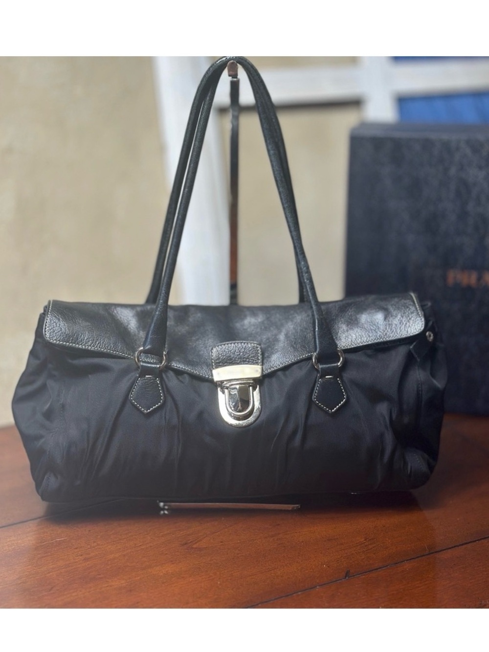 AUTHENTIC Tessuto Nylon Vitello Foldover
Pushlock Satchel. Black.